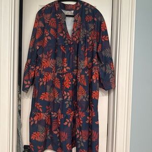 Navy Long-Sleeve Tiered Dress with Orange Leaf Print
